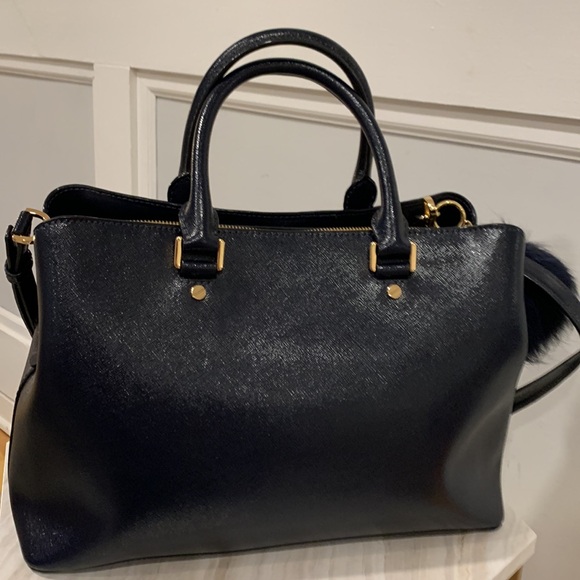 Michael Kors Bag Savannah Navy Admiral Tri-compartment Satchel Bag Poof Keychain - Picture 7 of 17
